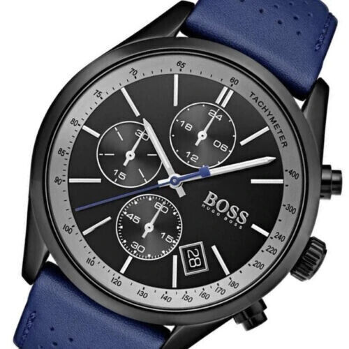 Hugo Boss Grand Prix Chronograph Black Dial Blue Leather Strap Watch for Men - 1513563 Watches Hugo Boss   