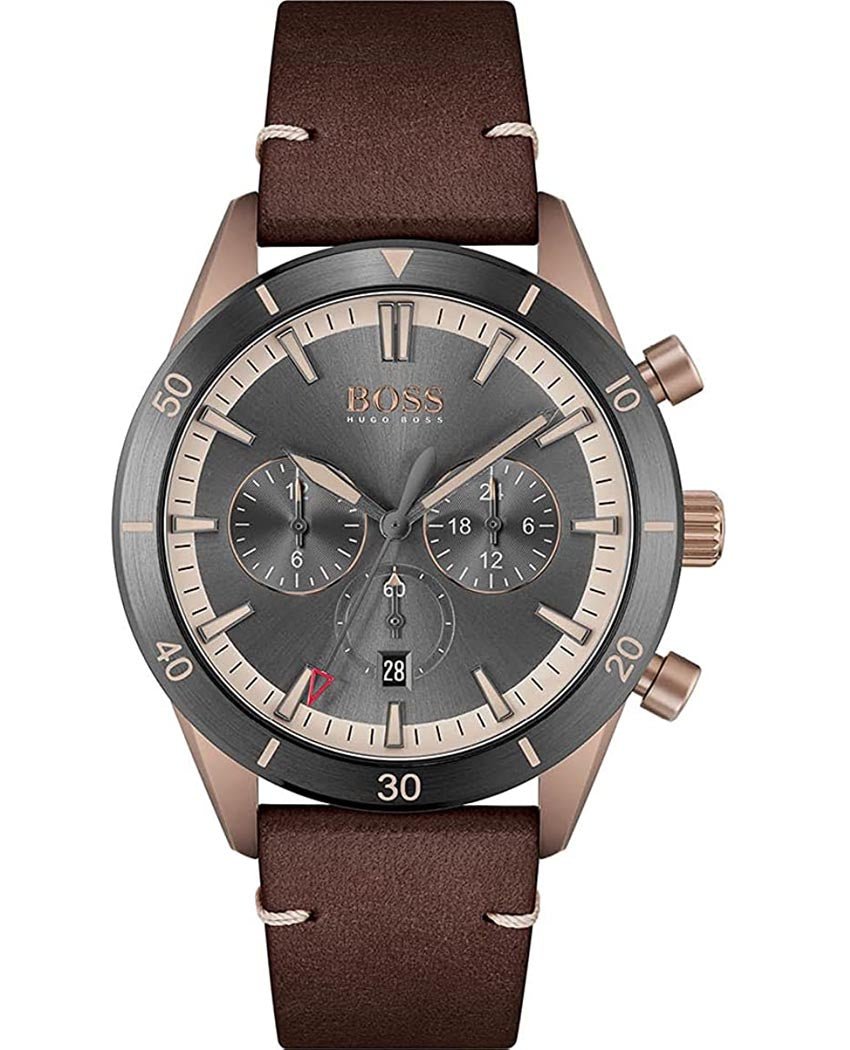 Hugo Boss Santiago Grey Dial Brown Leather Strap Watch for Men - 1513861 Watches Hugo Boss   