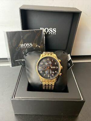 Hugo Boss Navigator Black Dial Gold Steel Strap Watch for Men - 1513531 Watches Hugo Boss   