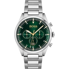 Hugo Boss Pioneer Green Dial Silver Steel Strap Watch for Men - 1513868 Watches Hugo Boss   