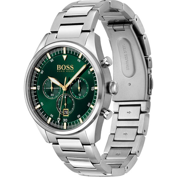 Hugo Boss Pioneer Green Dial Silver Steel Strap Watch for Men - 1513868 Watches Hugo Boss   