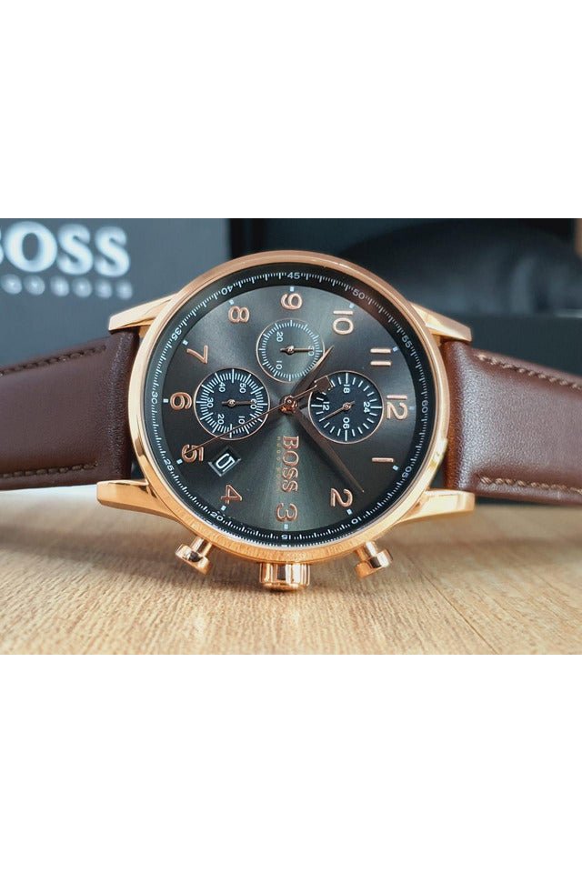 Hugo Boss Navigator Grey Dial Brown Leather Strap Watch for Men - 1513496 Watches Hugo Boss   