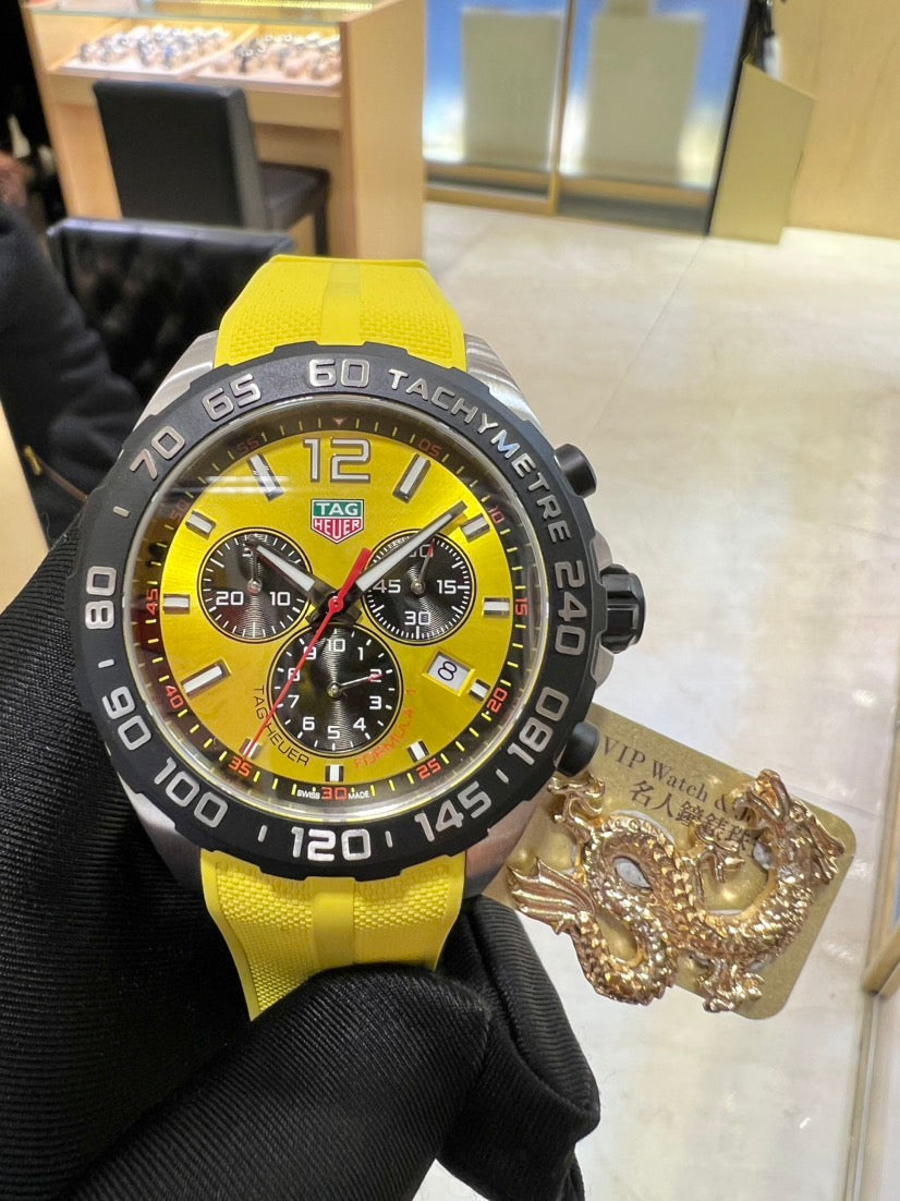 Tag Heuer Formula 1 Chronograph 41mm Yellow Dial Yellow Rubber Strap Watch for Men - CAZ101AM.FT8054 Watches Tag Heuer   