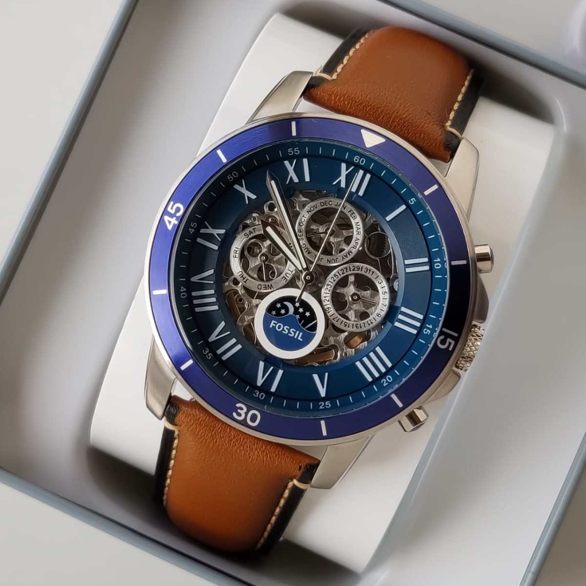 Fossil Grant Sport Automatic Skeleton Blue Dial Brown Leather Strap Watch for Men - ME3140 Watches Fossil   