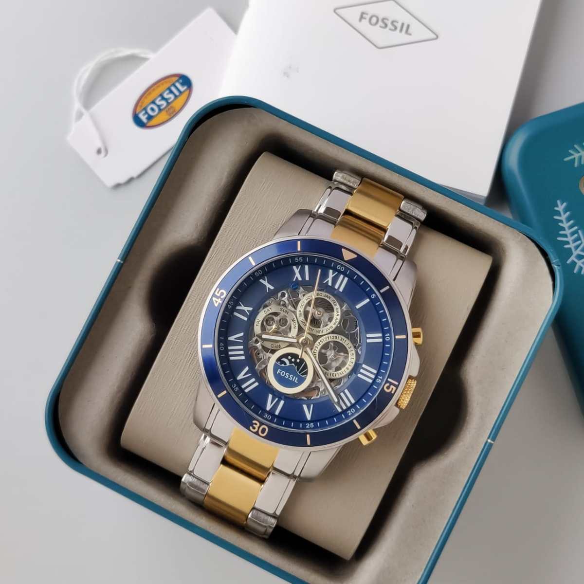 Fossil Grant Sport Automatic Skeleton Blue Dial Two Tone Steel Strap Watch for Men - ME3141 Watches Fossil   