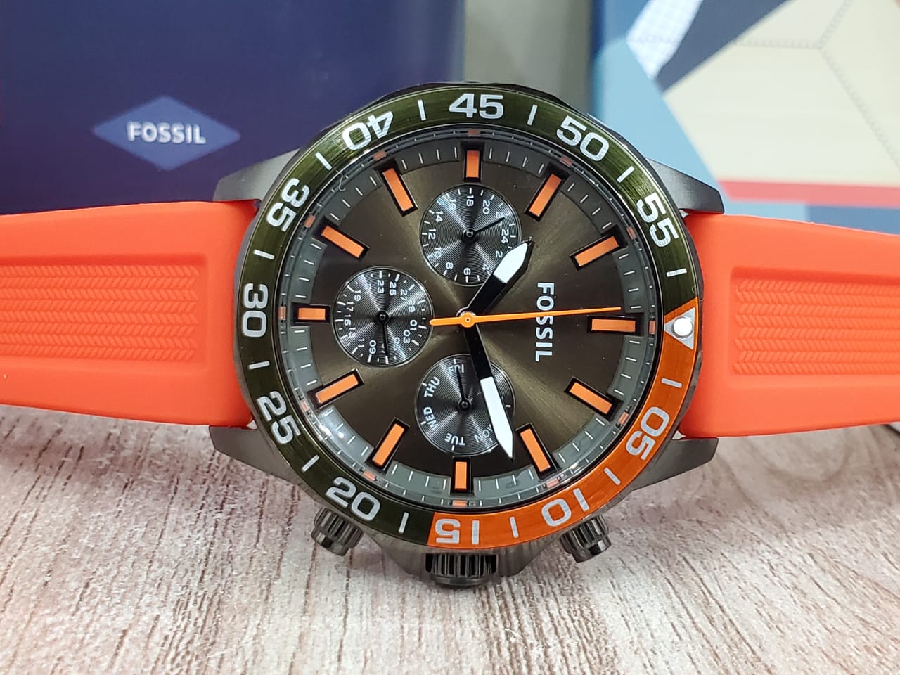 Fossil Bannon Chronograph Grey Dial Orange Silicone Strap Watch for Men - BQ2500 Watches Fossil   