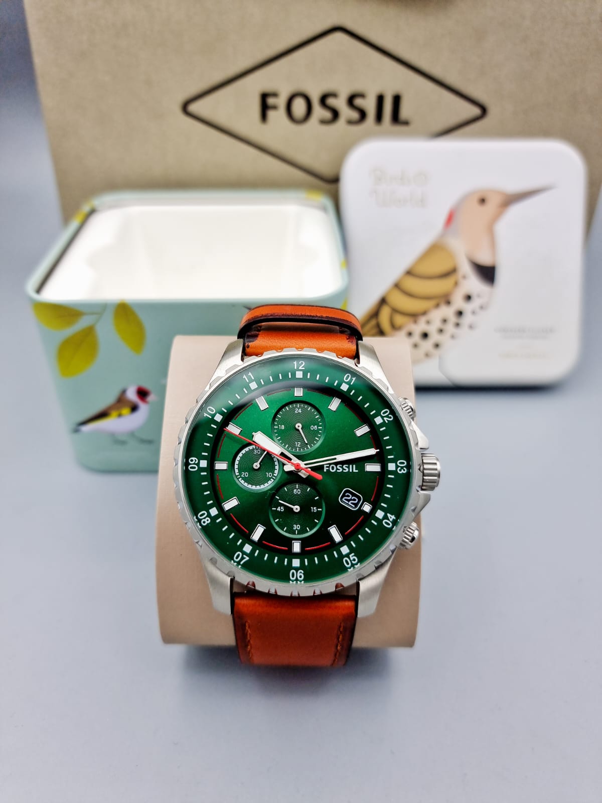 Fossil Dillinger Luggage Chronograph Green Dial Brown Leather Strap Watch for Men - FS5734 Watches Fossil   