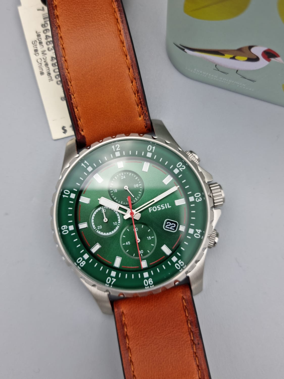 Fossil Dillinger Luggage Chronograph Green Dial Brown Leather Strap Watch for Men - FS5734 Watches Fossil   