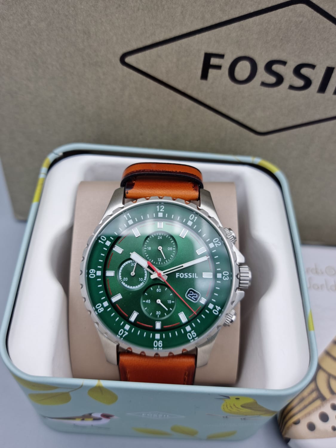 Fossil Dillinger Luggage Chronograph Green Dial Brown Leather Strap Watch for Men - FS5734 Watches Fossil   