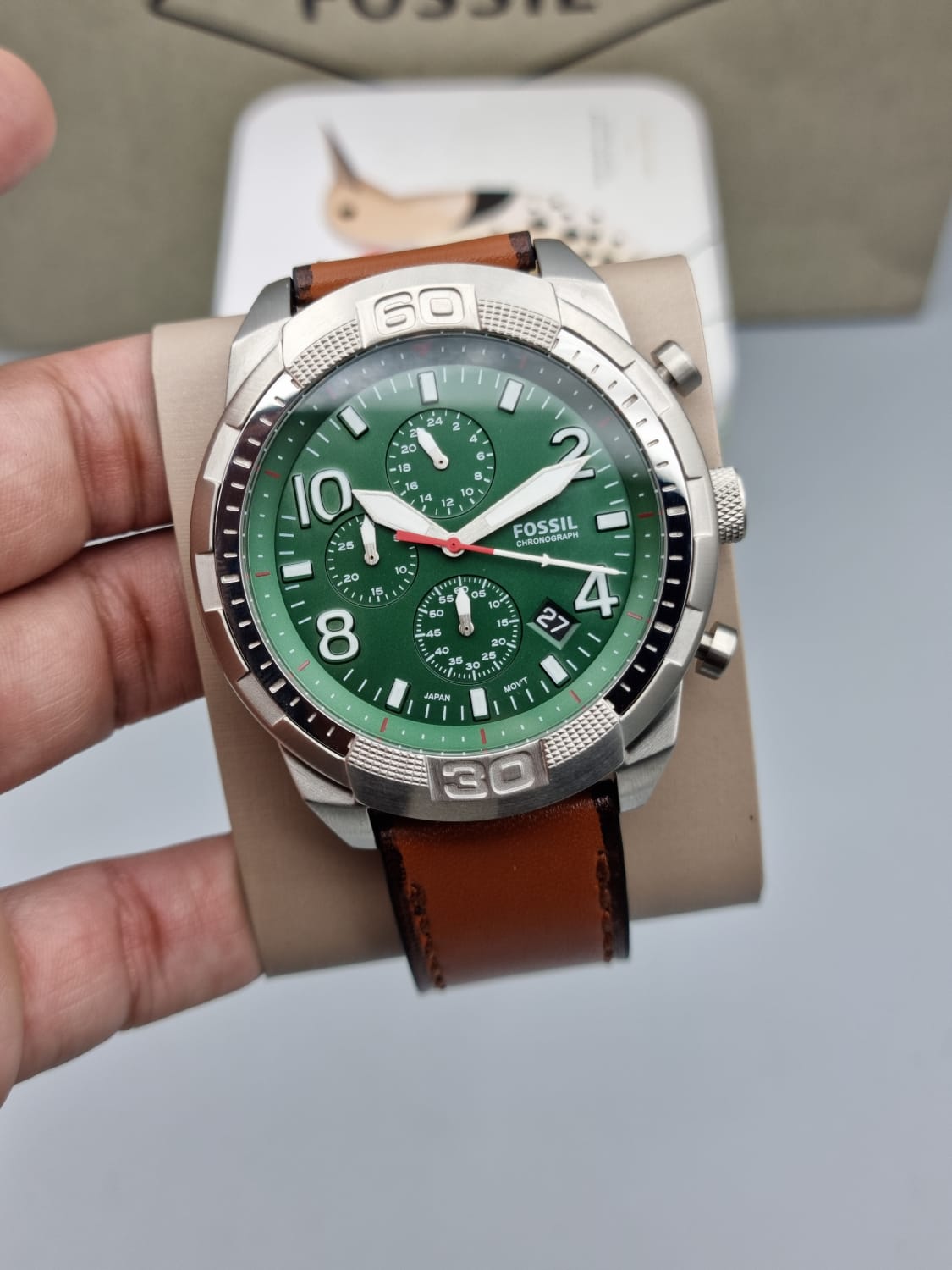 Fossil Bronson Chronograph Green Dial Brown Leather Strap Watch for Men - FS5738 Watches Fossil   