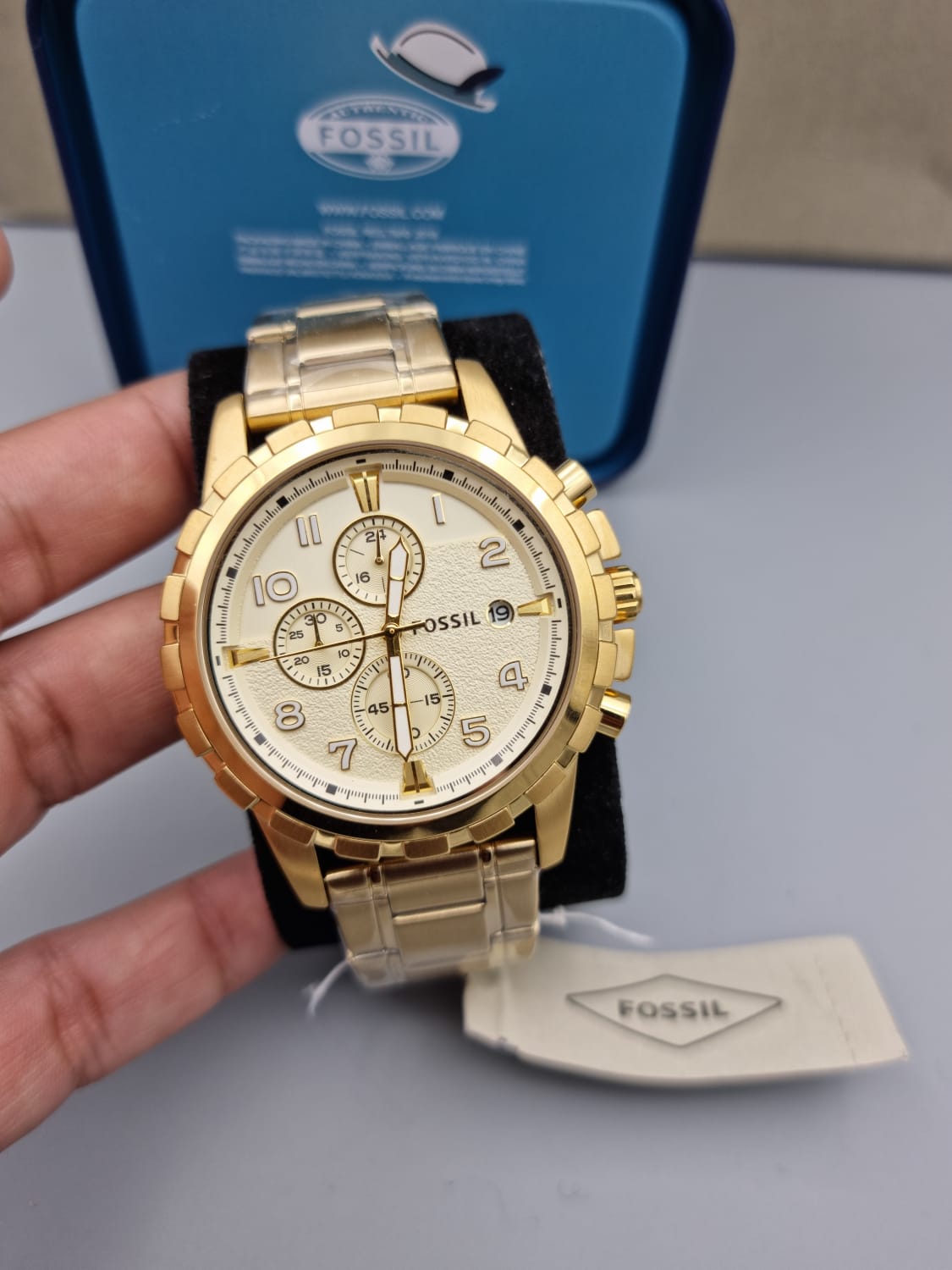 Fossil Dean Chronograph Champagne Dial Gold Steel Strap Watch for Men - FS4867 Watches Fossil   