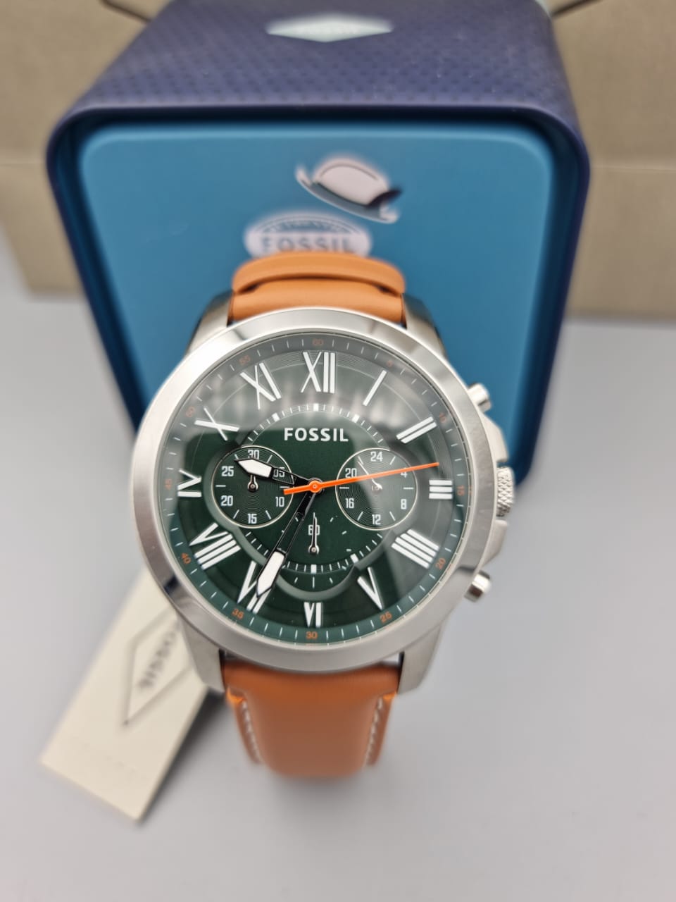 Fossil Grant Chronograph Green Dial Brown Leather Strap Watch for Men - FS4918 Watches Fossil   