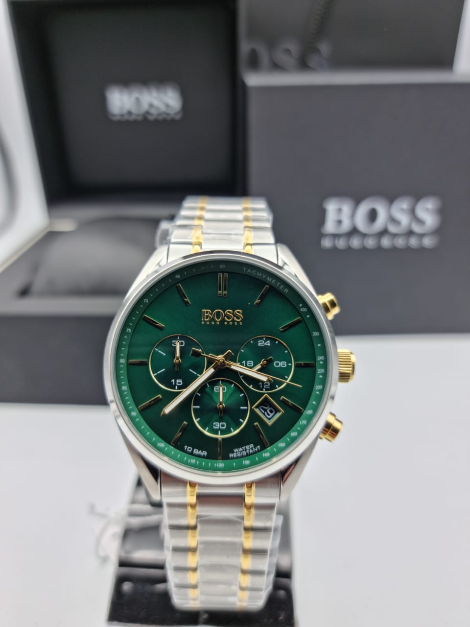 Hugo Boss Champion Green Dial Silver Steel Strap Watch for Men - 1513878 Watches Hugo Boss   