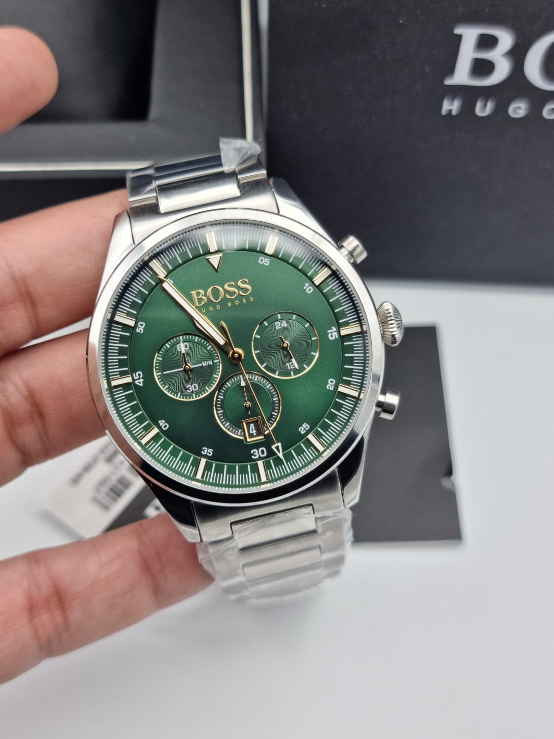 Hugo Boss Pioneer Green Dial Silver Steel Strap Watch for Men - 1513868 Watches Hugo Boss   
