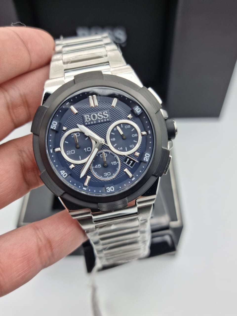 Hugo Boss Supernova Blue Chronograph Dial Silver Steel Strap Watch for Men - 1513360 Watches Hugo Boss   