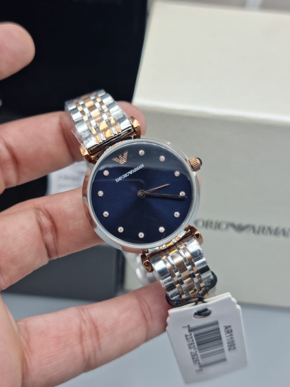 Emporio Armani Gianni T Bar Crystal Blue Dial Two Tone Stainless Steel Watch For Women - AR11092 Watches Emporio Armani   