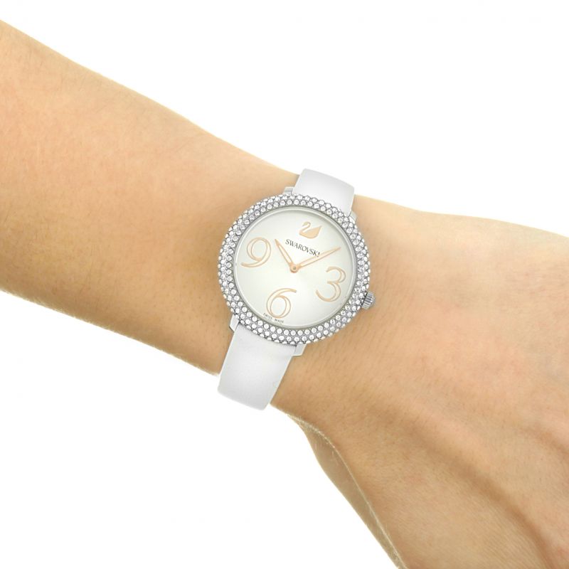 Swarovski Crystal Frost Silver Dial White Leather Strap Watch for Women - 5484070 Watches Swarovski   