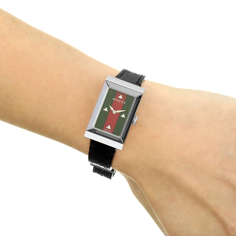 Gucci G-Frame Mother of Pearl Green & Red Dial Black Leather Strap Watch For Women - YA147403 Watches Gucci   