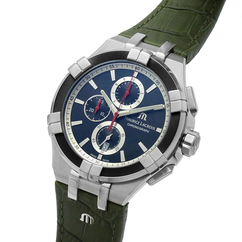 Maurice Lacroix Aikon Chronograph Black Dial Green Leather Strap Watch for Men - AI1018-PVB21-330-1 Watches Maurice Lacroix   