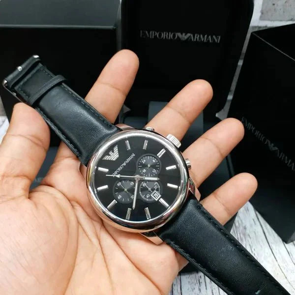 Emporio Armani Classic Chronograph Black Dial Black Leather Strap Watch For Men - AR0431 Watches Emporio Armani   