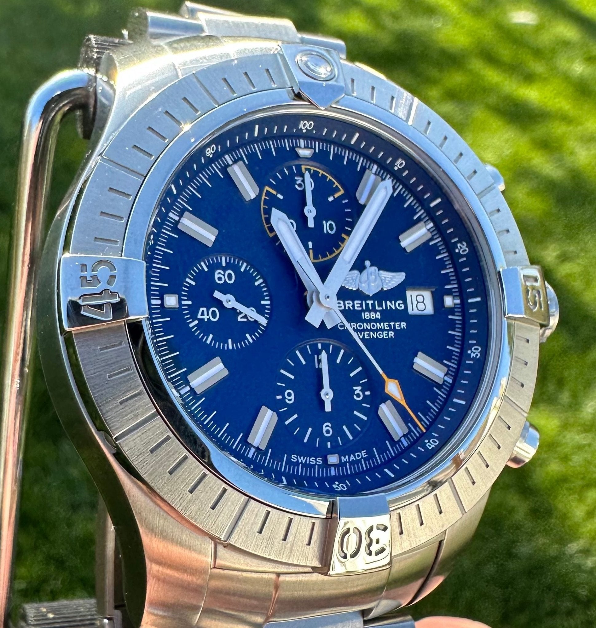 Breitling Avenger Chronograph 45mm Blue Dial Silver Steel Strap Watch for Men - A13317101C1A1 Watches Breitling   