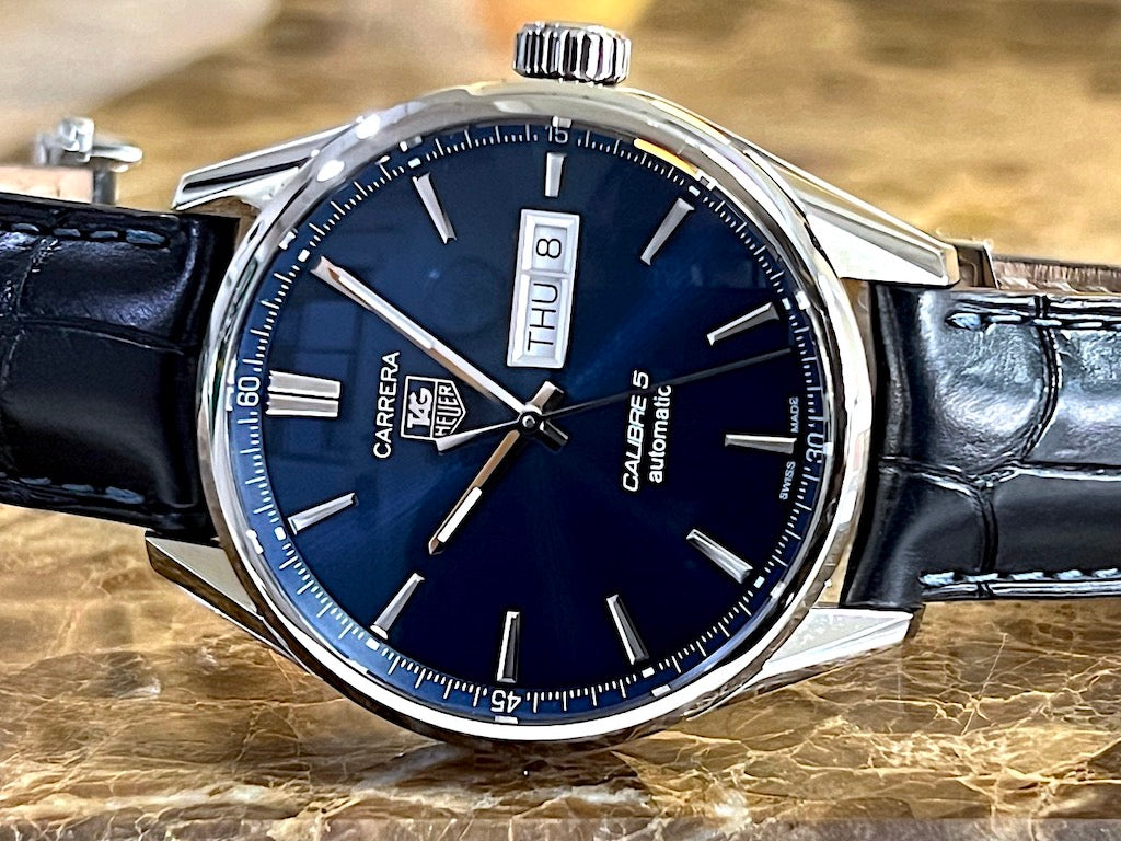 Tag Heuer Carrera Calibre 5 Automatic Blue Dial Blue Leather Strap Watch for Men - WAR201E.FC6292 Watches Tag Heuer   