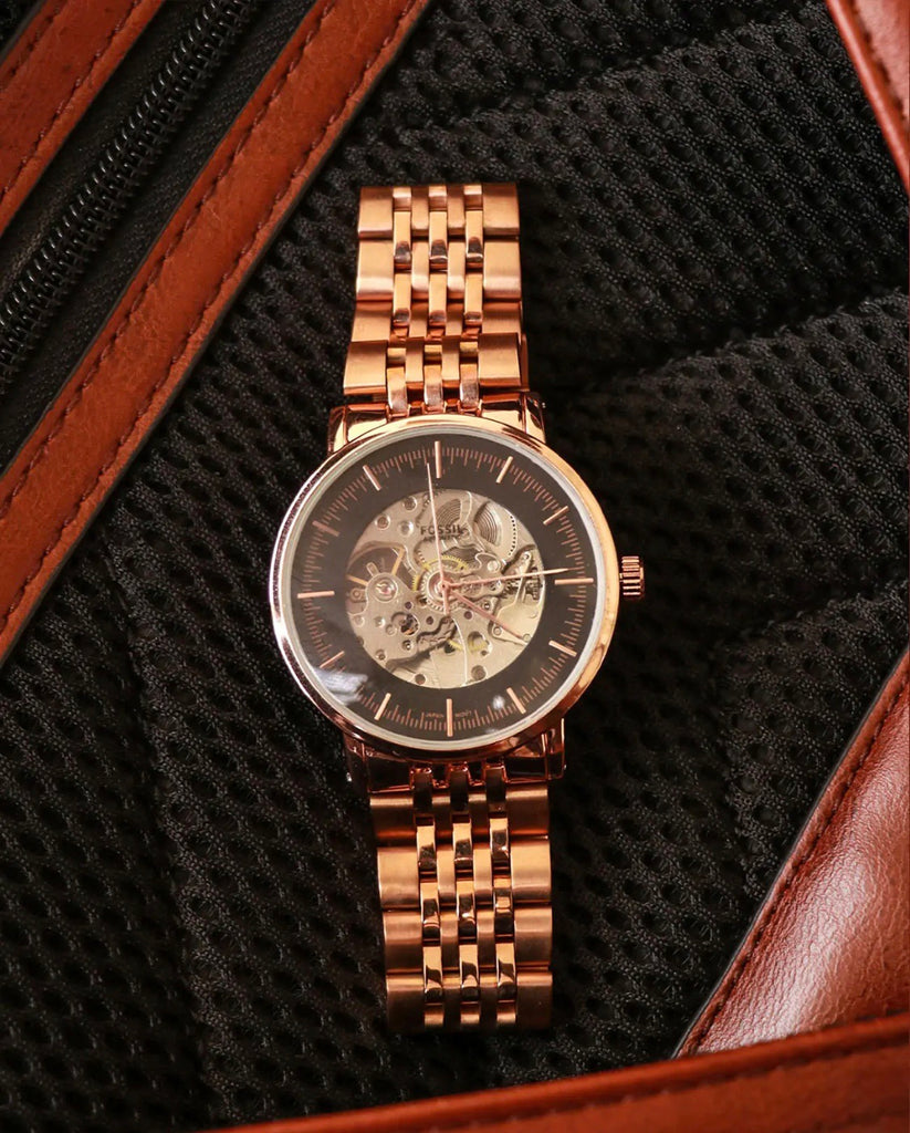 Fossil Boyfriend Automatic Skeleton Rose Gold Dial Rose Gold Steel Strap Watch for Women - ME3065 Watches Fossil   