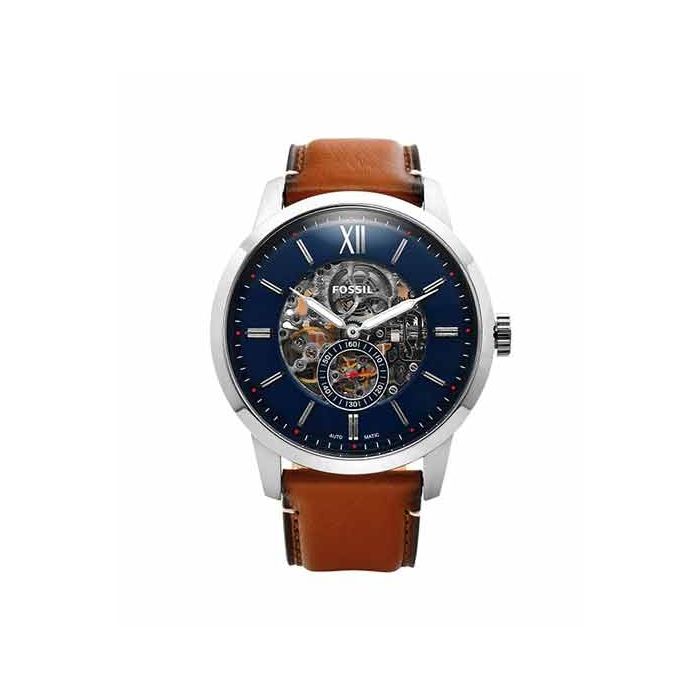 Fossil Townsman Automatic Skeleton Blue Dial Brown Leather Strap Watch for Men - ME3154 Watches Fossil   