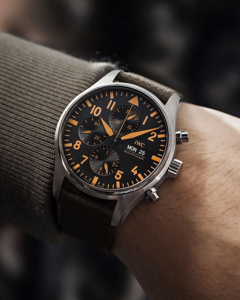 IWC Pilot's Watch Chronograph Black Dial Olive Green Calfskin Strap Watch For Men - IW377730