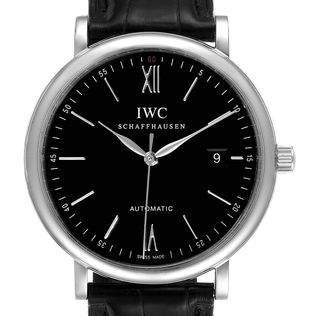 IWC Portofino Automatic Black Dial Black Leather Strap Watch For Men - IW356502