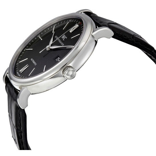 IWC Portofino Automatic Black Dial Black Leather Strap Watch For Men - IW356502