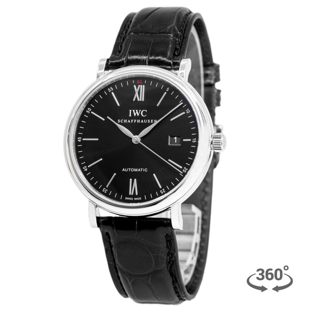 IWC Portofino Automatic Black Dial Black Leather Strap Watch For Men - IW356502