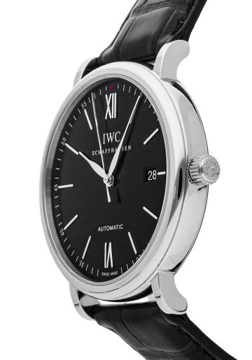 IWC Portofino Automatic Black Dial Black Leather Strap Watch For Men - IW356502