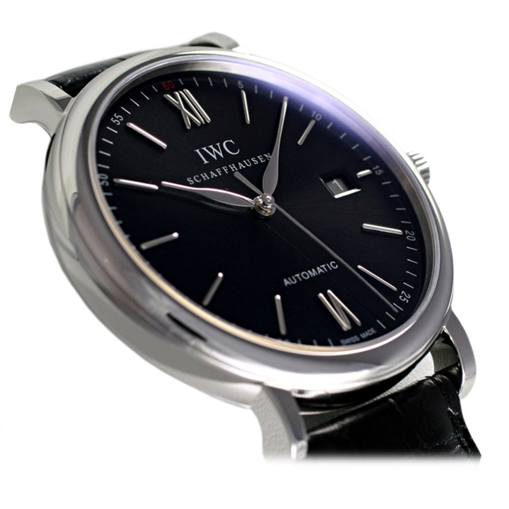 IWC Portofino Automatic Black Dial Black Leather Strap Watch For Men - IW356502