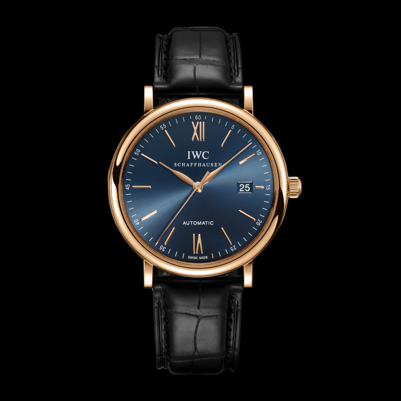 IWC Portofino Automatic Blue Dial Black Leather Strap Watch For Men - IW356522