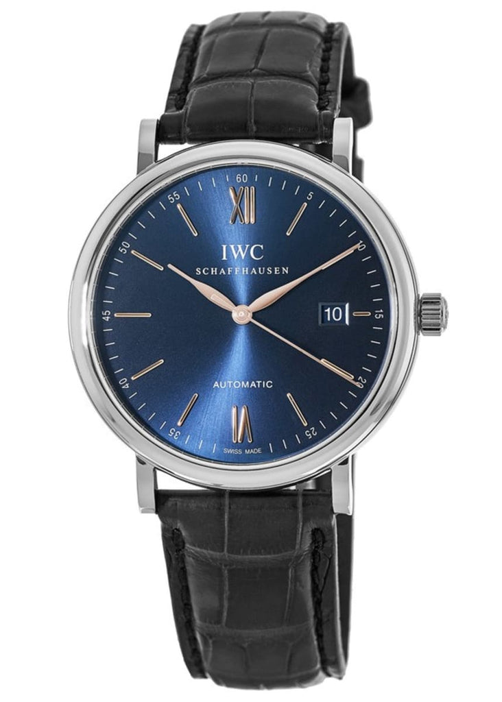 IWC Portofino Automatic Blue Dial Black Leather Strap Watch For Men - IW356523