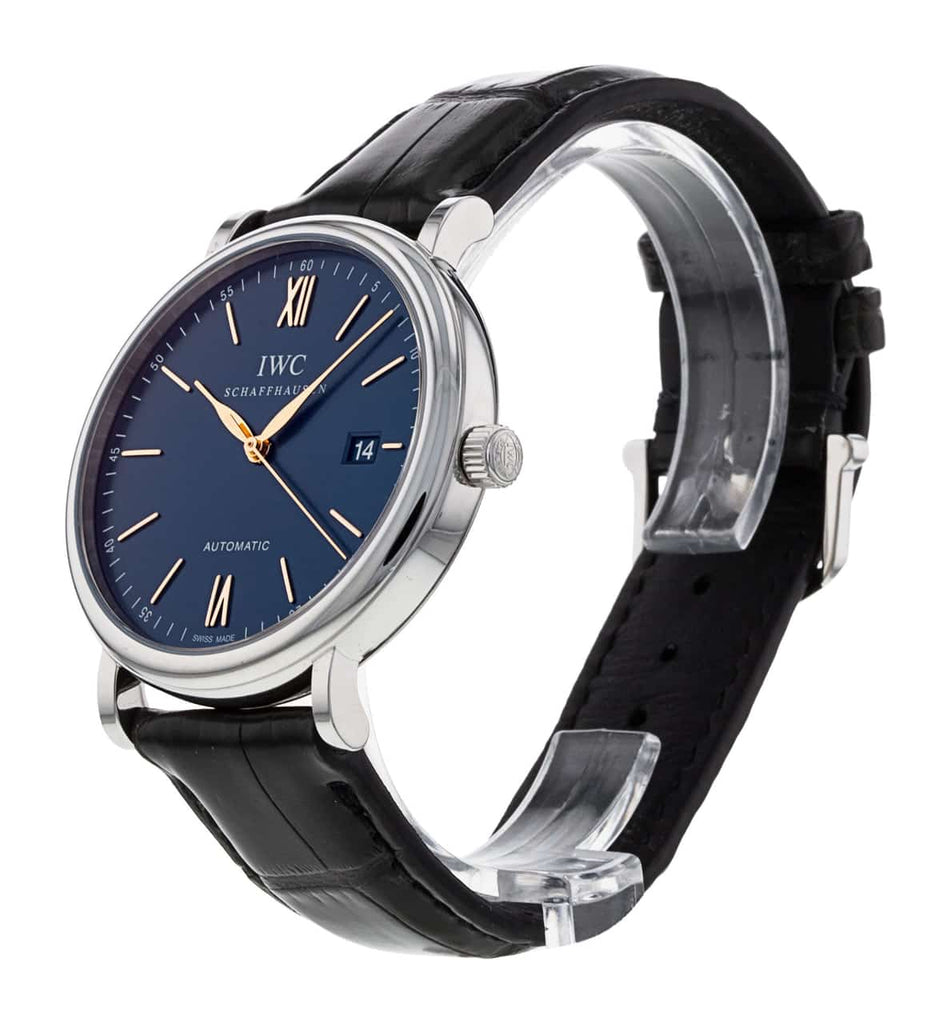 IWC Portofino Automatic Blue Dial Black Leather Strap Watch For Men - IW356523