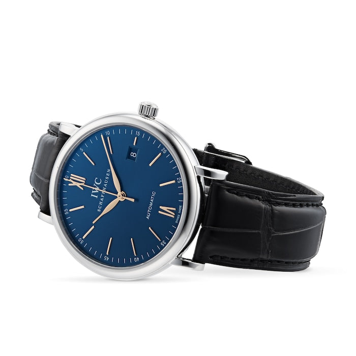 IWC Portofino Automatic Blue Dial Black Leather Strap Watch For Men - IW356523