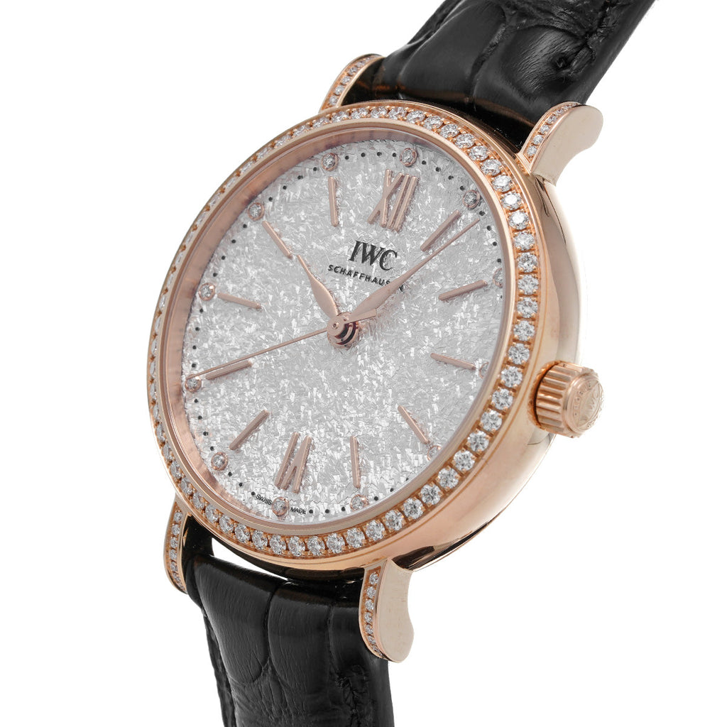 IWC Portofino Automatic Diamonds Silver Dial Black Leather Strap Watch For Women - IW357406