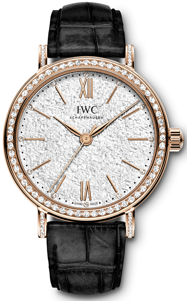 IWC Portofino Automatic Diamonds Silver Dial Black Leather Strap Watch For Women - IW357406