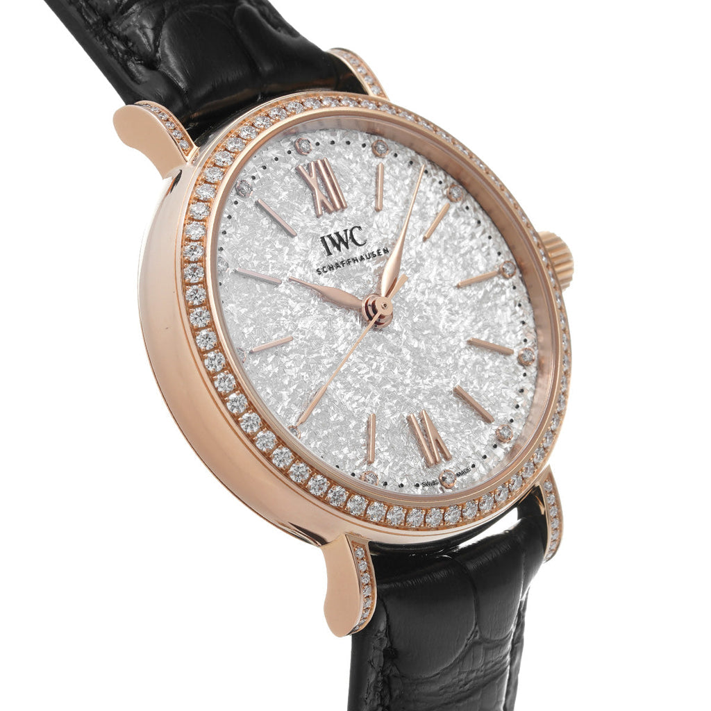 IWC Portofino Automatic Diamonds Silver Dial Black Leather Strap Watch For Women - IW357406