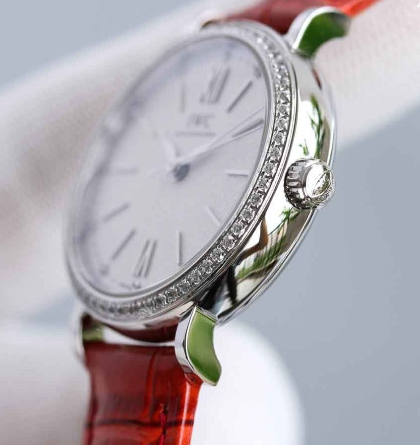 IWC Portofino Automatic Diamonds Silver Dial Red Leather Strap Watch For Women - IW357408