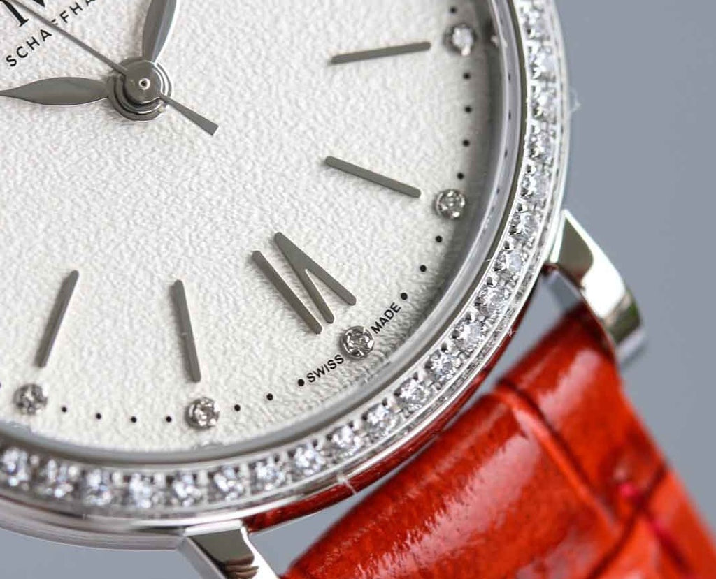 IWC Portofino Automatic Diamonds Silver Dial Red Leather Strap Watch For Women - IW357408