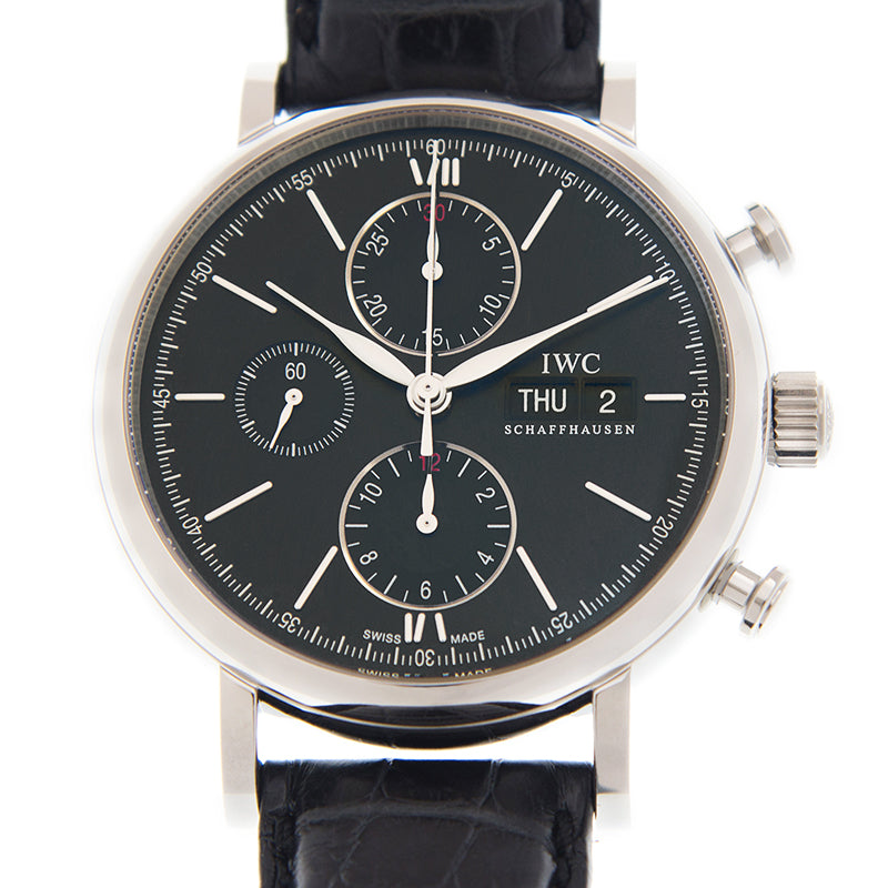 IWC Portofino Chronograph Black Dial Black Leather Strap Watch For Men - IW391008