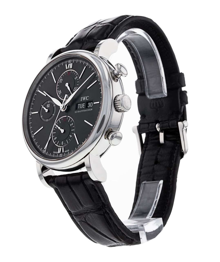 IWC Portofino Chronograph Black Dial Black Leather Strap Watch For Men - IW391008