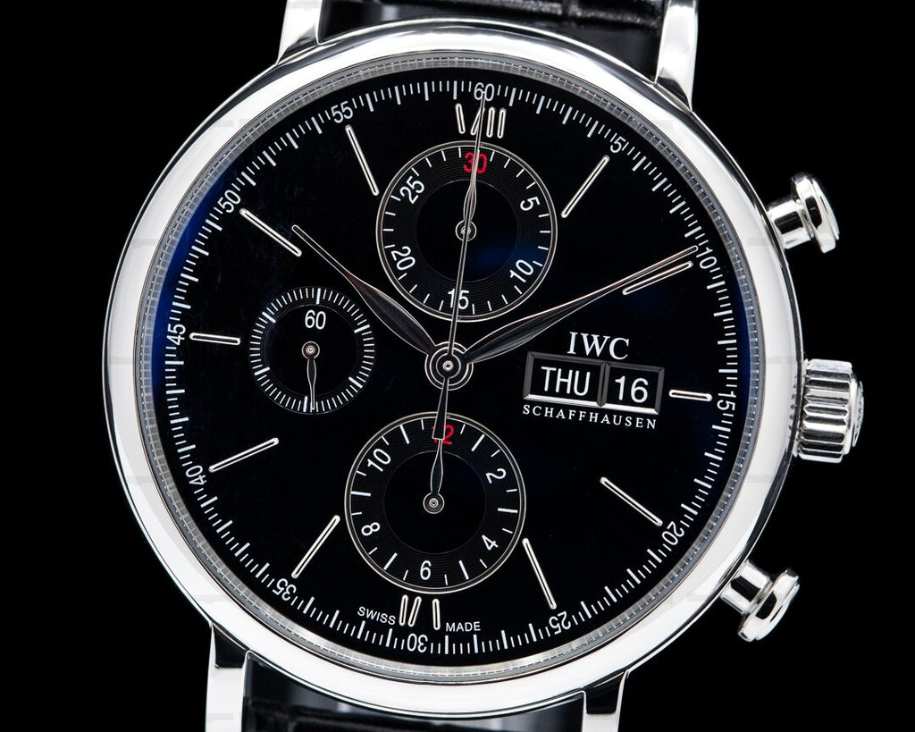 IWC Portofino Chronograph Black Dial Black Leather Strap Watch For Men - IW391008