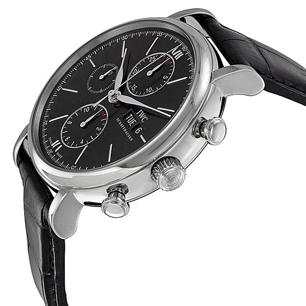 IWC Portofino Chronograph Black Dial Black Leather Strap Watch For Men - IW391008