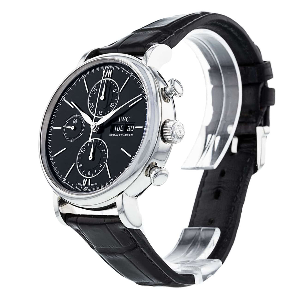 IWC Portofino Chronograph Black Dial Black Leather Strap Watch For Men - IW391008