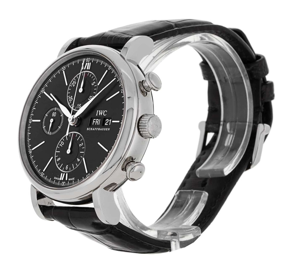 IWC Portofino Chronograph Black Dial Black Leather Strap Watch For Men - IW391029