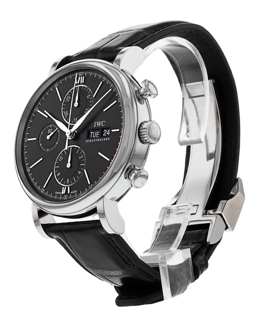 IWC Portofino Chronograph Black Dial Black Leather Strap Watch For Men - IW391029